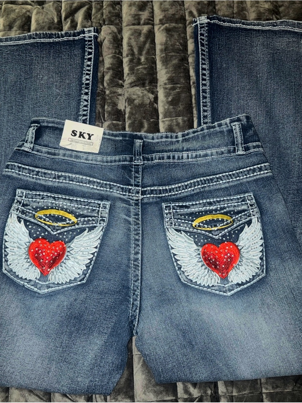 Sky Embellished Blue Women's Jeans with Red Heart & Wing Embroidery